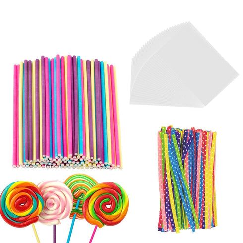 BEFORYOU 6 Inch Cake Pop Sticks Set Pack of 300, Each of 100 Pieces Parcel Bags, Colorful Treat Sticks, Colorful Metallic Wire for Lollipops Candi...