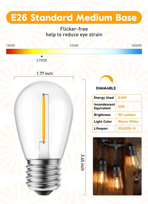 Minetom LED S14 Replacement Light Bulbs, 15 Pack Shatterproof Light Bulbs Equivalent to 11 W, E26 E27 Regular Medium Screw Base for Outdoor Home L...