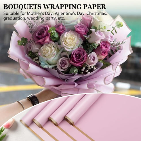 20 Sheets Gold Edge Flower Wrapping Paper, Purple Bouquet Wrapping Paper Waterproof Floral Wrapping Paper, Florist Bouquet Supplies, DIY Floral Pa...