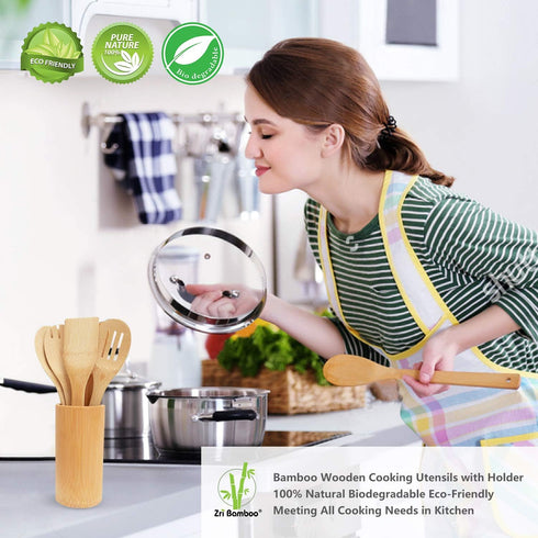 Bamboo Wooden Spoons & Spatulas Set - 6 Pieces Kitchen Cooking Utensils and 1 Holder, Heat Resistant for Non Stick Cookware...