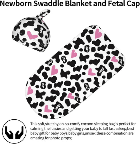 Cow Print Pink Heart Baby Stuff Newborn Swaddle and Hat Set Stretchy Soft Funny Baby Receiving Blanket Gifts for Infant Baby Boy Girl...