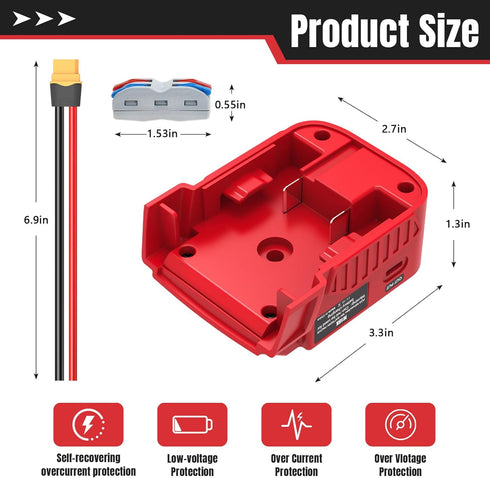 Power Wheels Battery Adapter with USB Ports & XT60 Port, Fit for Milwaukee 18v Battery, Power Adapter for Mobile Devices, Electric Vehicles, DIY P...