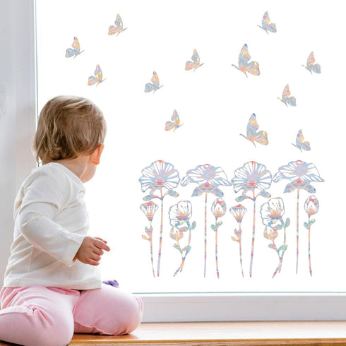 Shawula 30PCS Flower Window Clings - Anti-Collision Window Decals to Save Birds from Window Collisions,Non Adhesive Prismatic Vinyl Window Clings,...