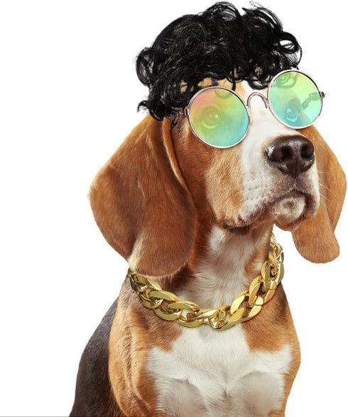3 Pieces Dog Cosplay Wig, Cat Wigs, Dog Cosplay Costumes Accessories Include 3 Pieces Retro Pet Round Sunglasses and 1 Pieces Dog Chain Necklace, ...