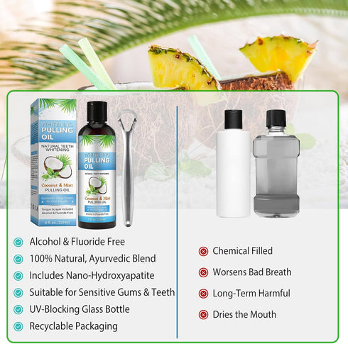 Natural Coconut Pulling Oil (8 Fl.Oz),with Tongue Scraper+Measuring Cup,Pulling Oil Mouthwash for Teeth, Pulling Oil for Teeth Whitening and Healt...
