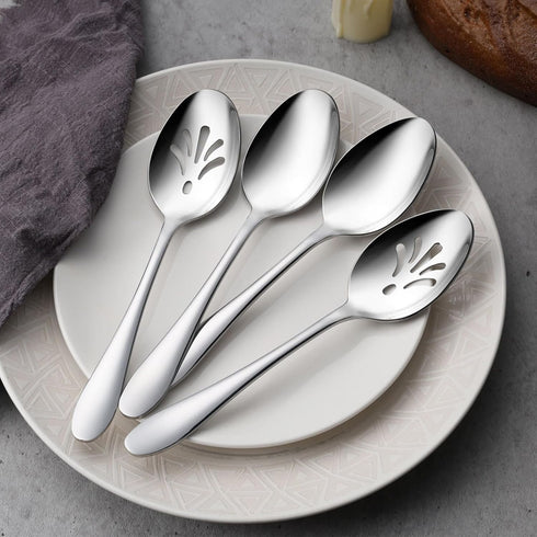 E-far Serving Spoons, 4-Piece Stainless Steel Serving Utensils Set - Solid Spoons x 2, Slotted Spoons x 2, Metal Hostess Serving Tablespoons for C...