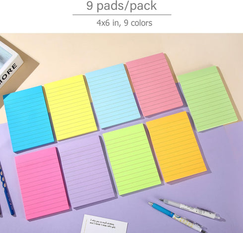 9 Pack Lined Sticky Notes 4"x6" Bright Colors Self-Stick Note Pads with Lines, 9 Colors Bulk Sticky Memo Pad for School, Office, Meeting...
