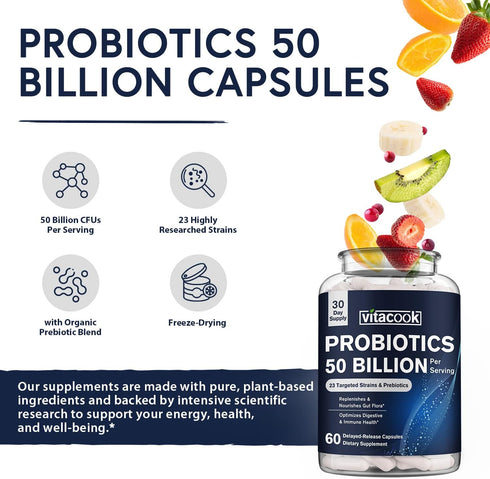 Probiotics 50 Billion, 23 Strains with Organic Prebiotics, Digestive & Immune Support, Freeze-Dried, Delayed-Release, Better Than a Dozen Yogurts,...