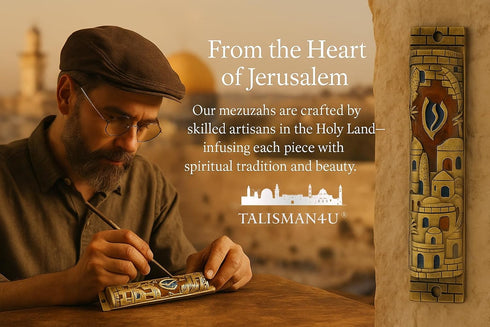 TALISMAN4U Gold Enamel Jewish MEZUZAH CASE with Scroll Jerusalem Israel Judaica Door Mezuza 4"...