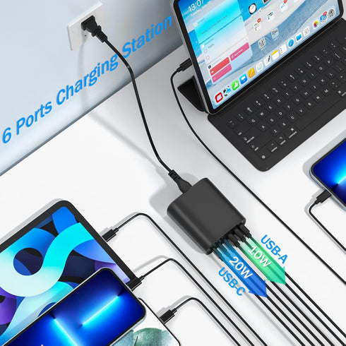 USB C Charger,100W 6 Port Charging Station with 3 USB C Ports and 3 QC USB A Ports, Portable PD Fast USB C Wall Charger for iPhone 14/13/12/11/Air...