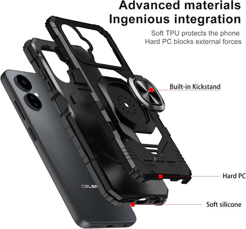 TJS Compatible for Boost Mobile Celero 5G 2024 (3rd Version) Case, with Tempered Glass Screen Protector Metal Ring Magnetic Support Kickstand Heav...