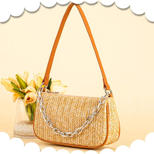 Straw Bag, Beach Bag, Hand-Woven Soft Handbag Underarm Bag With Decorative Chain, Bohemian Summer Bag Suitable for Vacation Travel Daily(Khaki)...