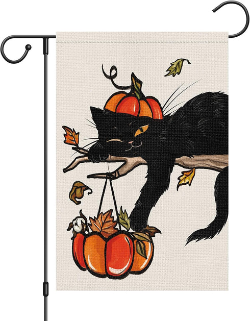 Louise Maelys Fall Black Cat Garden Flag 12x18 Double Sided, Small Burlap Welcome Autumn Garden Yard House Flags Pumpkin Thanksgiving Outside Outd...