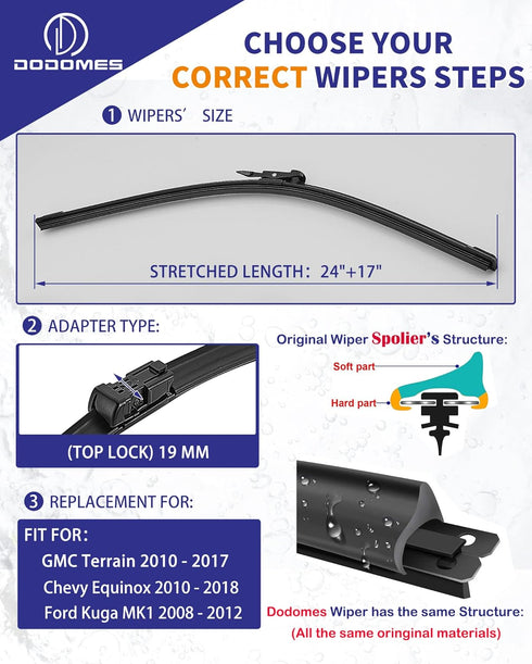 2 Wiper Blades OEM Quality Replacement For GMC Terrain Chevy Equinox 2010-2017 Ford Kuga MK1 2008-2012 Original Equipment Wipers Factory - 24"/17"...