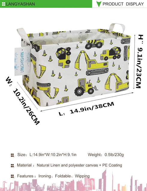LANGYASHAN Rectangular Storage Bin Collapse Canvas Fabric Cartoon Storage Basket with Handles for Organizing Home Kitchen Boys and Girls Toys Offi...