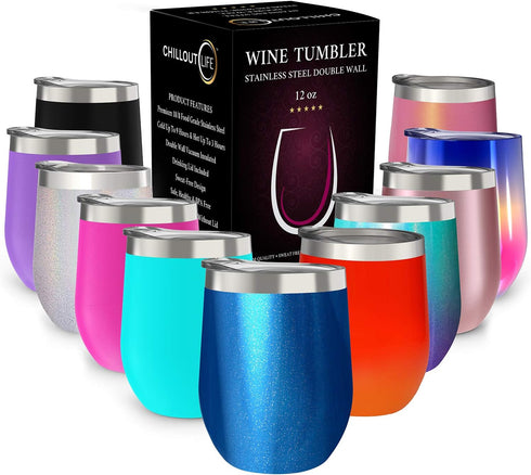 CHILLOUT LIFE 12 oz Stainless Steel Tumbler with Lid & Gift Box - Wine Tumbler Double Wall Vacuum Insulated Travel Tumbler Cup for Coffee, Wine, C...