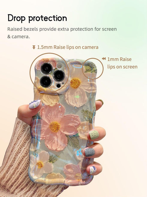 Case for iPhone 14 Pro Max - Vivid Retro Oil Painting, Flower Laser Glossy Pattern, Cute Curly Wave Edge - Exquisite Stylish Durable TPU Protectiv...