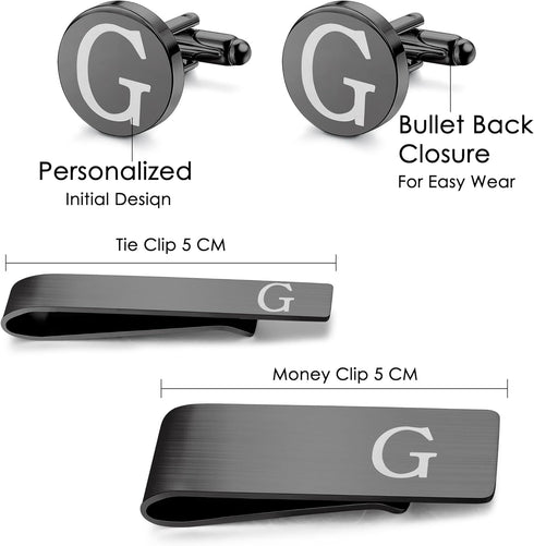 ORAZIO 4 PCS Initial Cufflinks and Tie Clips for Men Stainless Steel Personalized Engraved Cuff Links and Tie Bar Money Clip Set Alphabet Letter A...