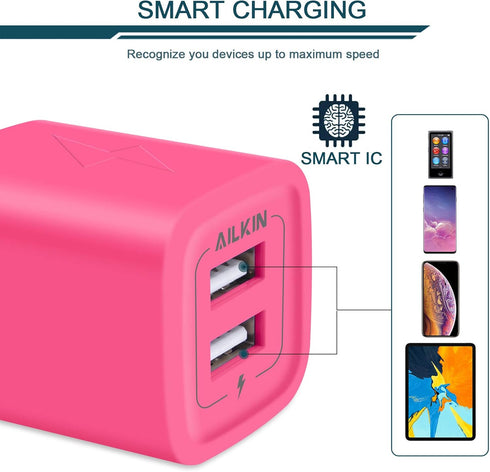 Wall Charger, AILKIN USB Plug Fast Charging Block, Power Adapter Cube 2 Port Charge Travel Brick Cell Quick Chargers Box for iPhone 15/14/13/12 Pr...