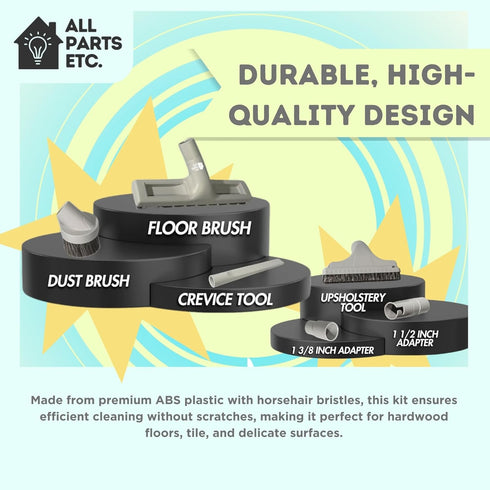1.25" Gray Vacuum Attachment Kit with 2 Adapters (1-3/8" & 1-1/4") Floor Brush, Crevice Tool, Dust Brush, Upholstery Tool Compatible with Miele, E...