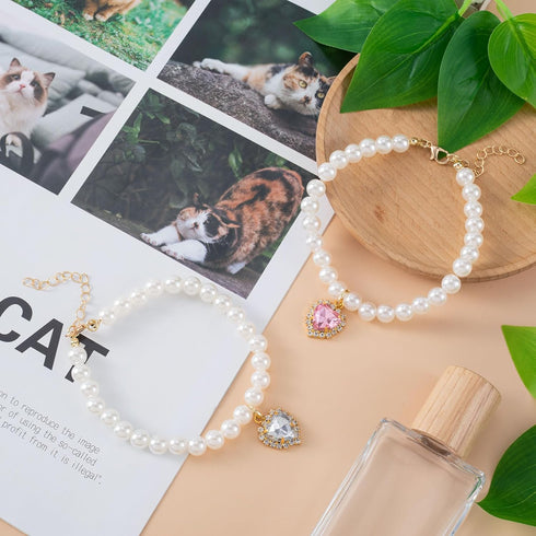 Cat Dog Pearl Necklace Collar 2pcs, Small Cat Collar Pear Dog Necklaces Cute Fancy Jewelry Accessories with Heart Shape Rhinestone White Pink Wedd...