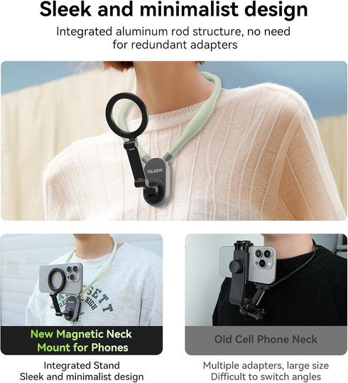 Magnetic Neck Mount for Phones, Cell Phone Holder Stand Hanging on Neck POV/Vlog Selfie Hand Free Necklace Phone Strap Video Recording for iPhone ...