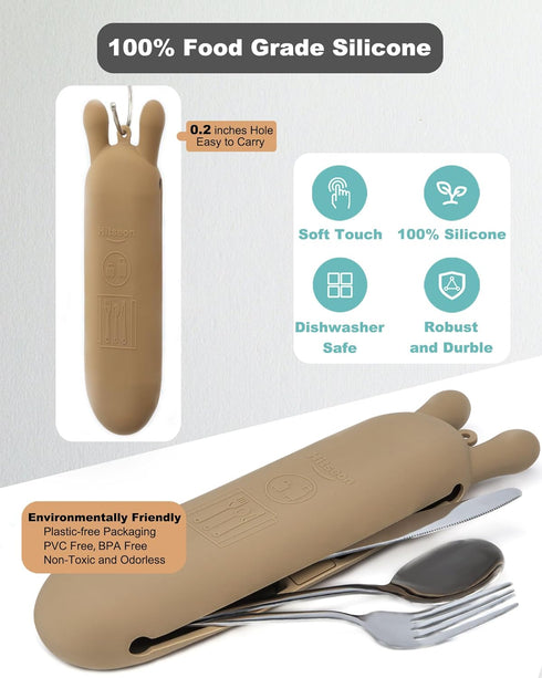 Silicone Utensil Case, Magnetic Waterproof Silverware Case for Utensil Set, Lightweight Reusable Utensil Holder for Lunch Box Camping Cutlery (Bro...