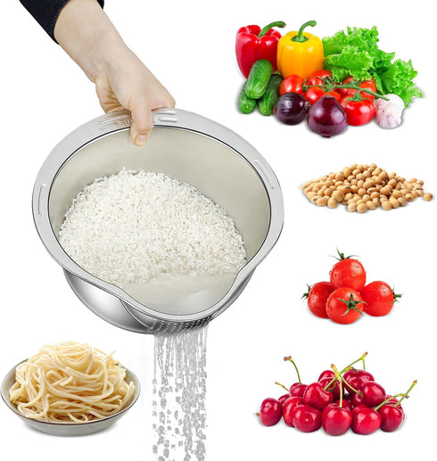 Rice Strainer and Colander Bowl With Side Drainer,Metal Rice Washer 18/8 Stainless Steel Rinser Washing Bowl For Quinoa, Fruits,Vegetables, lentil...