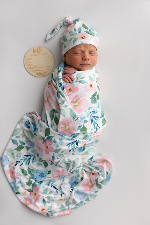 Newborn Floral Print Blanket Baby Stretch Wrap Swaddle Blanket Receiving Blanket with Matching Headband and Beanie (Green and Pink)...