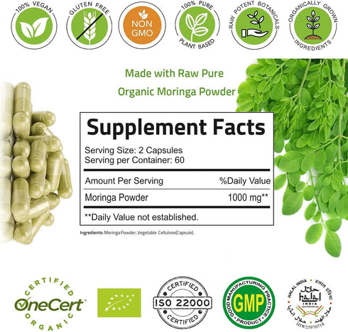 Organic Moringa Capsules 120 Capsules 1000mg – Organic Moringa Oleifera Leaf Powder Capsules Leaf Energy, Metabolism, & Immune Support nutrient-ri...
