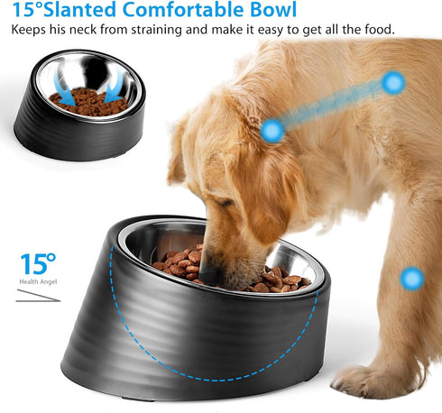 Tilted Angle Dog Bowl, 15° Slanted Stainless Steel Dog Cat Food Bowl, Non-Slip & Non-Spill Pet Feeder with Elevated Detachable Melamine Stand, Eas...