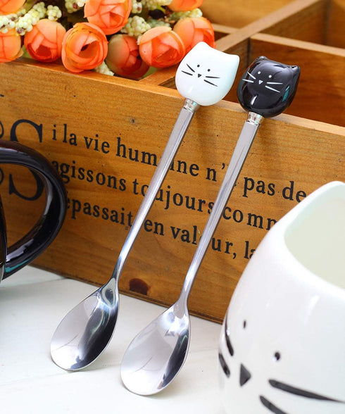 Honbay 2PCS Cute Cat Spoon Stainless Steel Tea Spoon Coffee Spoon Sugar Spoon for Cat Mug, Black and White...