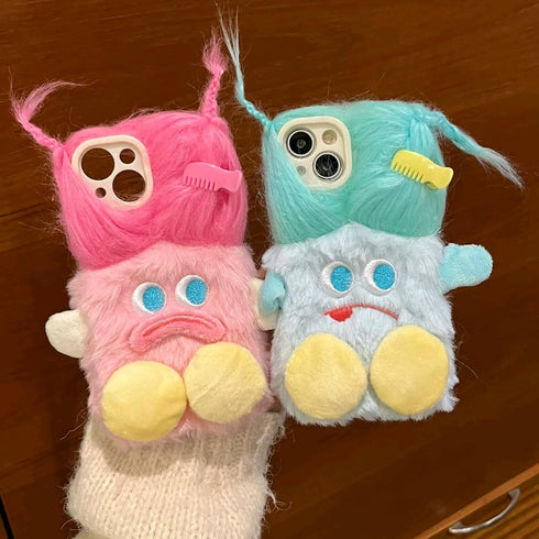 Pink Furry Phone Case for iPhone 13 Pro Max, Cute DIY Long Hair Funny Thick Mouth Warm Plush Cases, 3D Cartoon Fuzzy Winter Protective Cover for W...