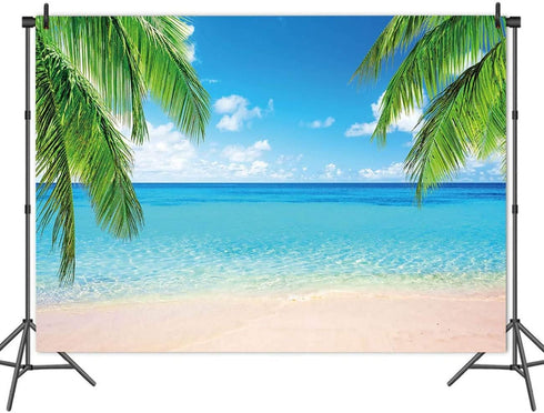 7x5ft Summer Beach Photography Backdrop Sea Ocean Palm Leaf Sand Beach Background Wedding Baby Shower Birthday Party Banner Supplies Photo Booth P...