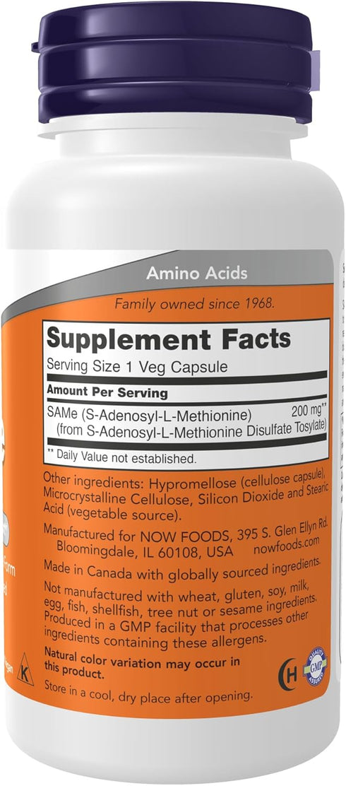 NOW Supplements, SAMe (S-Adenosyl-L-Methionine)200 mg, Nervous System Support*, 60 Veg Capsules...