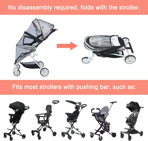 Stroller Mosquito Net Cover, High Density Bug Net Cover with Dual Zippers Universal & Breathable Insect Net for Strollers with Pushing Bar (Black)...
