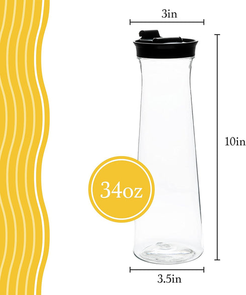 Clear Plastic Water Pitchers Carafes with Flip top Black Lids 34 OZ Heavy Duty Beverage Pitcher Jug for Juice or iced Coffee Great for Mimosa bar ...