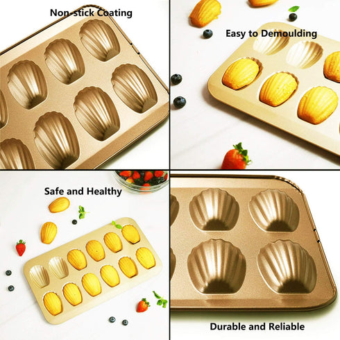 Nonstick Madeleine Pan 12-cup Heavy Duty Shell Shape Baking Cake Mold Tray (Golden)...