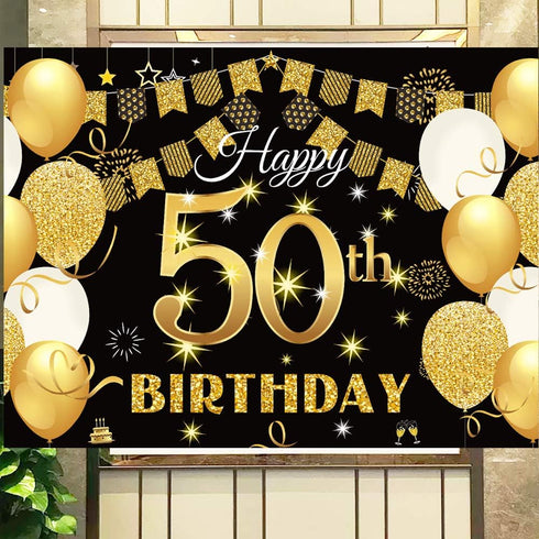 Saliyaa 7x5ft Happy 50th Birthday Backdrop,Happy Birthday Party Decoration, Black Gold Birthday Sign Poster Photo Booth Backdrop Background Banner...