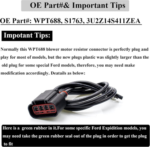 WPT688 HVAC Blower Motor Resistor Connector Wire Harness Pigtail Compatible with Ford Expedition 2010-2017, F-150 2010-2014, Lincoln Navigator 201...