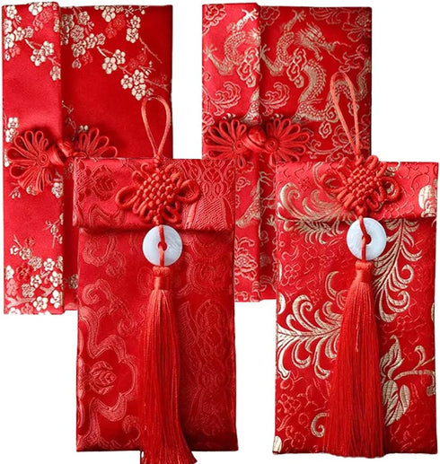 4 Pcs Silk Red Envelopes Lucky Money Pockets Hongbao Chinese Element Invitation Envelop for Wedding, New Year, Spring Festival...