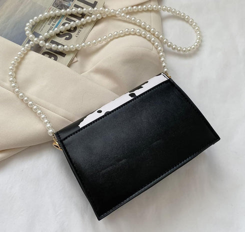 Cow Print Clutches Pearl Strap Evening Purse Mini Handbag Crossbody Bag...