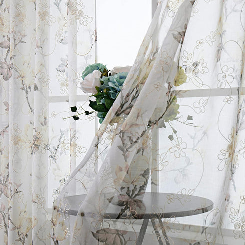 Tollpiz Floral Short White Sheer Tier Curtains Flower Print Vine Embroidery Kitchen Half Curtain Rod Pocket Café Voile Window Curtains for Bathroo...