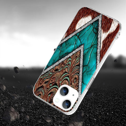 Compatible with iPhone 15 Case, Western Cowhide Turquoise and Brown Animal Print Shockproof Protective Case with Unique Design for Women Girls TPU...