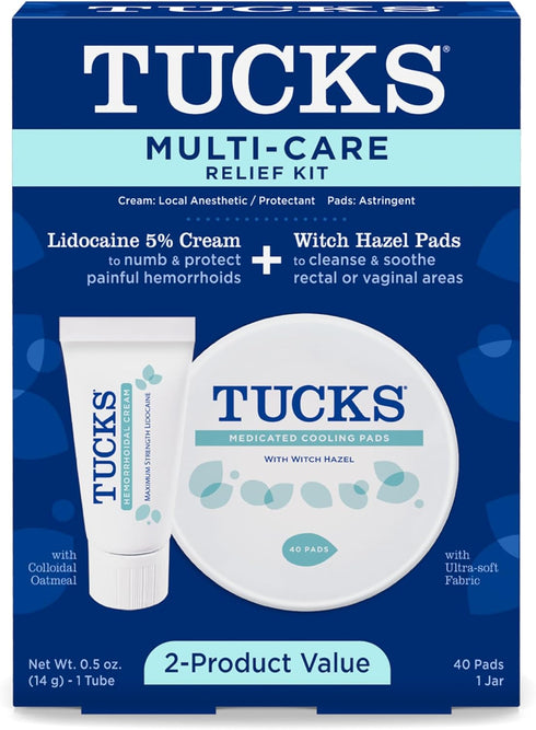 Tucks Multi-Care Relief Kit – 40 Count Witch Hazel Pads & 0.5 oz. Lidocaine Cream - Protects from Irritation, Hemorrhoid Treatment Medicated Pads ...