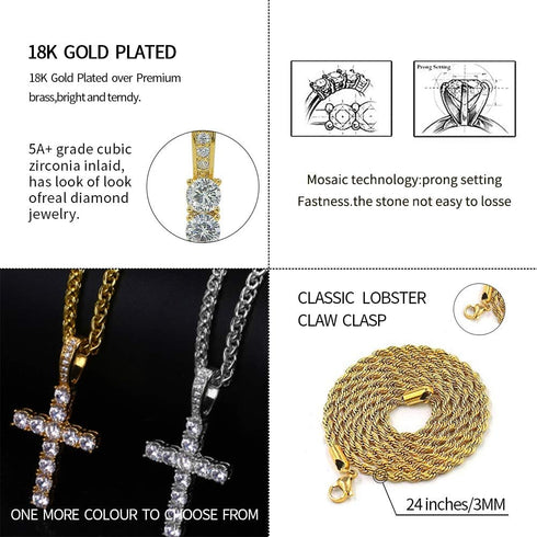 JINAO Iced Out Cubic Zirconia Round Cut Cross Pendant Necklace 18K Gold Plated Diamond Jewelry for Men Women with Stainless Rope Chain...