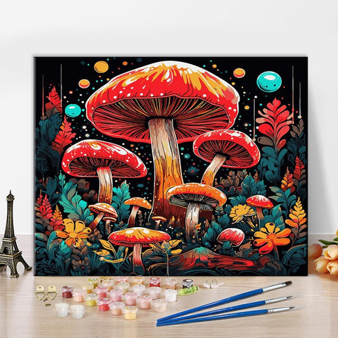 Paint By Number for Beginner Mushroom Paint By Number Adult DIY Paint By Numbers Black Background Paint By Numbers Art Decor Red Mushroom Painting...