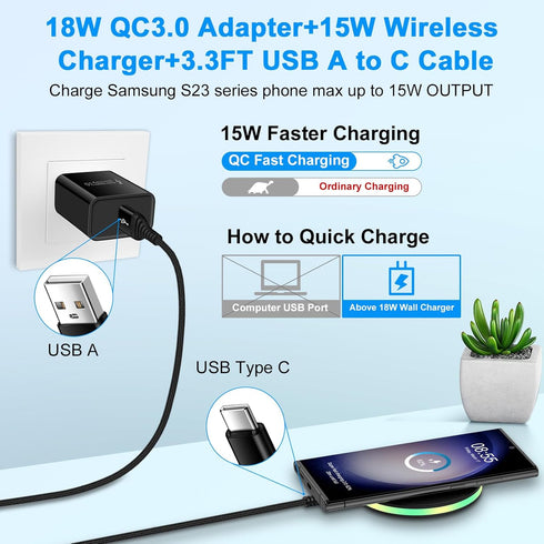 15W Samsung Wireless Charger with Fast QC 3.0 Wall Adapter for Galaxy S24 S23 Ultra S22 S21 FE S20 Z Fold 5 Flip 5 4,Motorola Moto Edge 2022 Edge+...