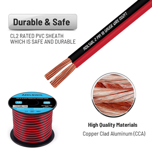 Speaker Wire Cable 18 Gauge 100FT 18/2 AWG CCA Red Black Wire 2 Conductor Bonded Zip Low Voltage Wire DC 12V/24V Stereo Audio Light Car Wire CL2 E...