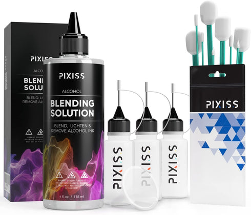 Alcohol Ink Blending Solution (4-Ounce), Pixiss Alcohol Ink Blending Solution Tools, Pixiss Needle Tip Applicator and Refill Bottles and Funnel - ...